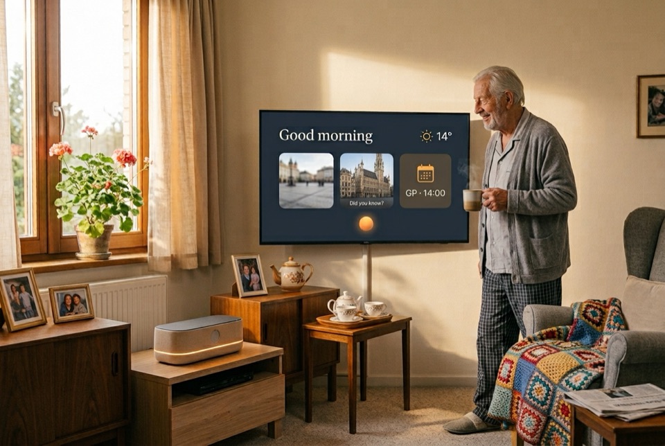 An older man in a cardigan and pyjamas stands in his sunlit living room with a cup of tea, smiling at his TV, which shows “Good morning”, the weather, photos of the Grand Place in Brussels, a “Did you know?” card and a GP appointment at 14:00; the hub glows below.