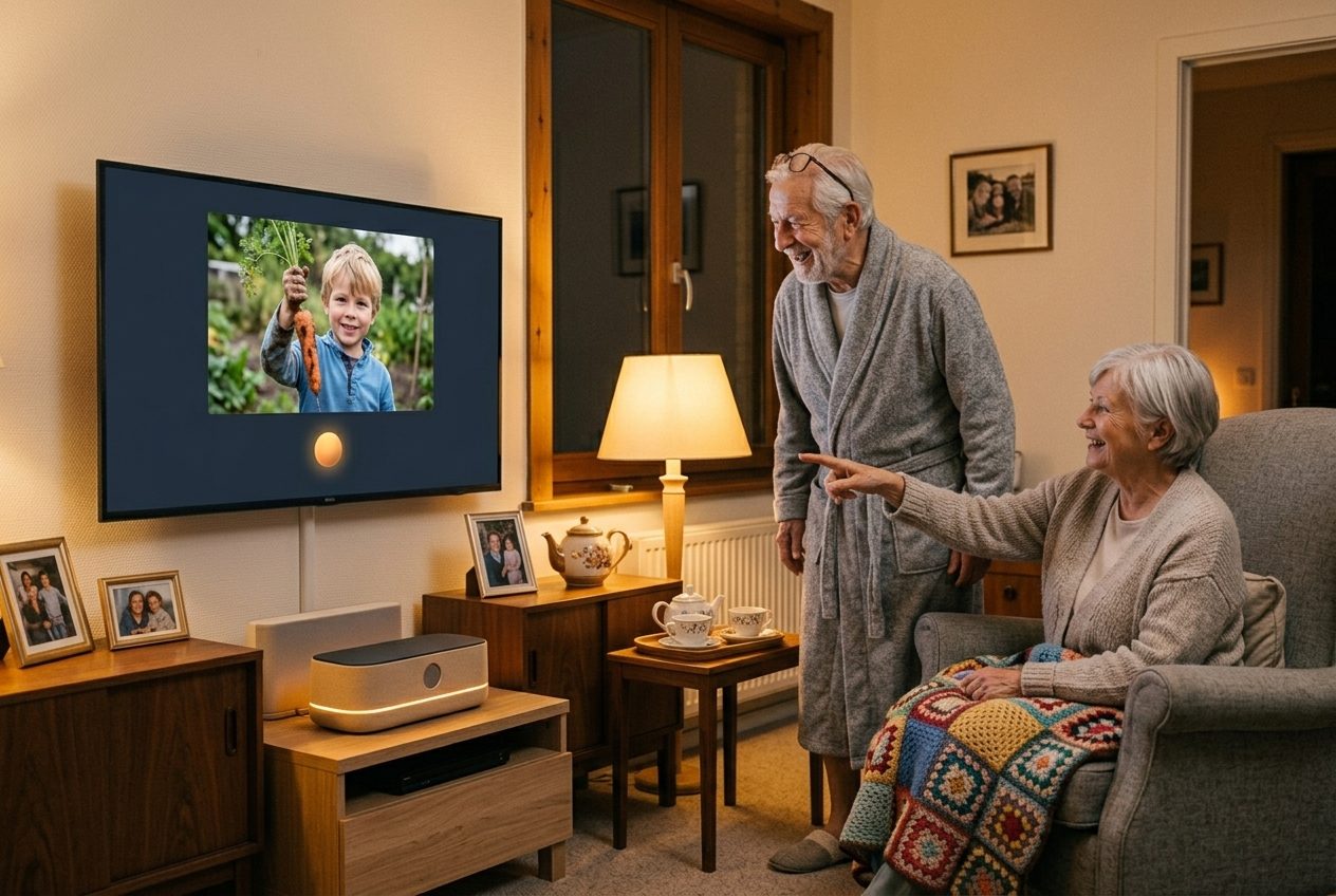 An older couple in their living room in the evening, laughing and pointing at their TV, which shows a photo of their grandson holding up a carrot from the garden; the hub glows amber below the TV.