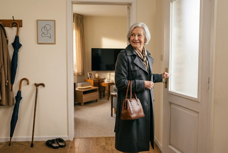 An older woman in a grey wool coat and silk scarf, handbag on her arm, smiles back over her shoulder as she opens the front door; walking sticks and umbrellas hang in the hallway and the hub glows in the living room behind her.