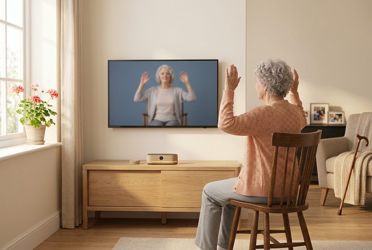 A woman in her eighties in a peach cardigan does a seated arm exercise on a wooden chair, following an instructor of a similar age on her TV.