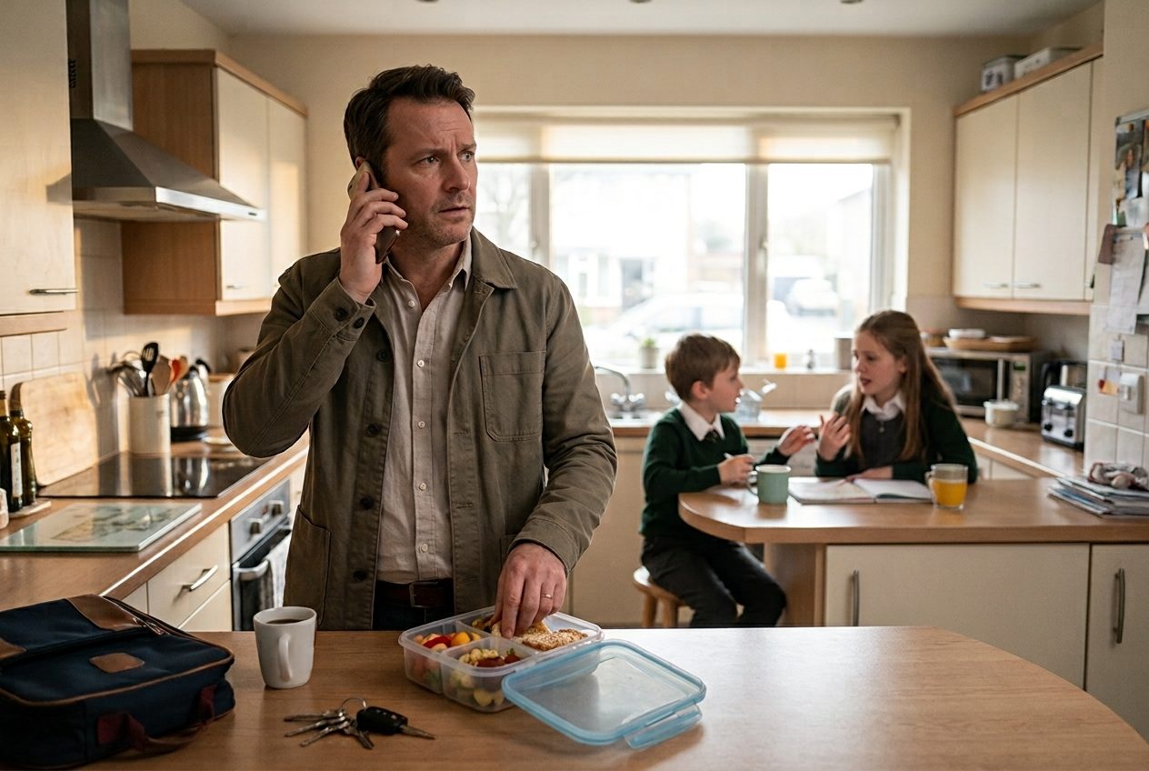 A man in his forties on the phone in a busy kitchen, packing a lunchbox, frowning, while his two children eat breakfast behind him.