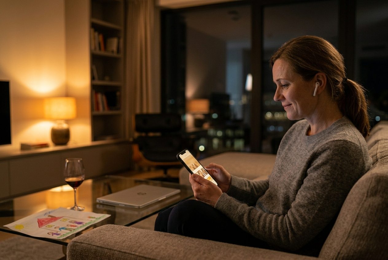 A woman in her forties on her sofa late at night, smiling softly at her phone, laptop closed beside a child’s drawing.