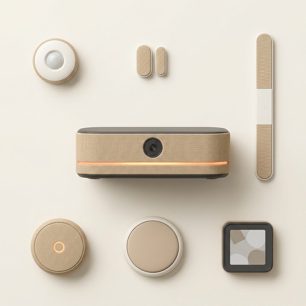 The Gioia hub and its optional add-ons laid out from above: motion sensor, door sensor, bed sensor strip, voice puck, big button and a small e-paper board.