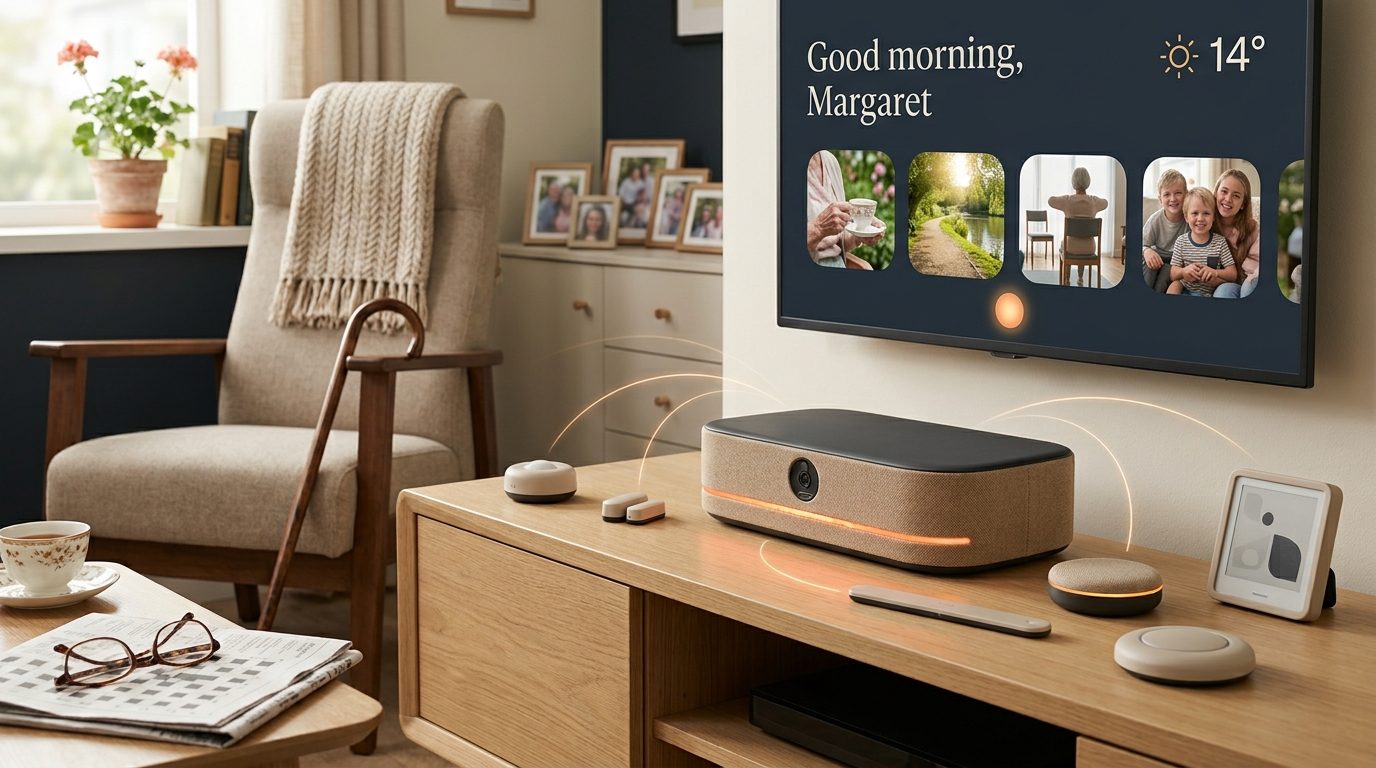 The Gioia hub on a TV console below a TV showing a morning greeting for Margaret, with its small sensors, voice puck, button and e-paper board around it, in a warm living room with an armchair, walking cane and family photos.