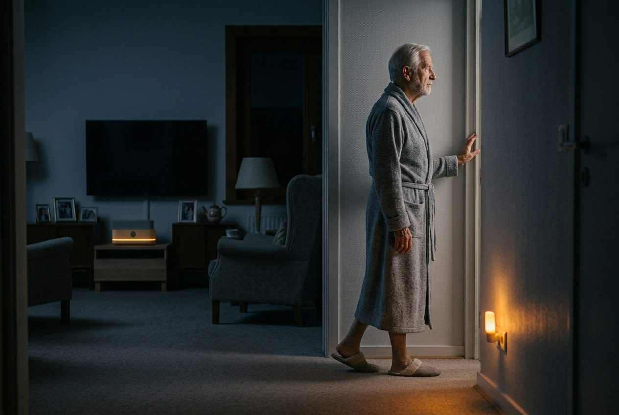 An older man in a dressing gown and slippers walks through a dark hallway at night, one hand on the door frame, lit by a small night light; in the living room behind him the hub glows softly amber.