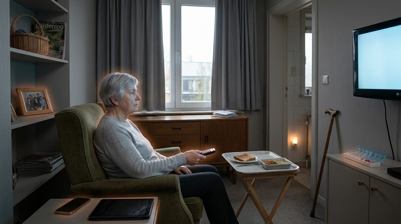 An older woman sits alone in a dim living room, remote in hand, facing a TV. Around her: an untouched gardening magazine and knitting basket, a family photo, a phone face down and a dark tablet, unopened letters, toast and a ready meal on a tray, a pill organiser, and a night light in the hallway to the bathroom.