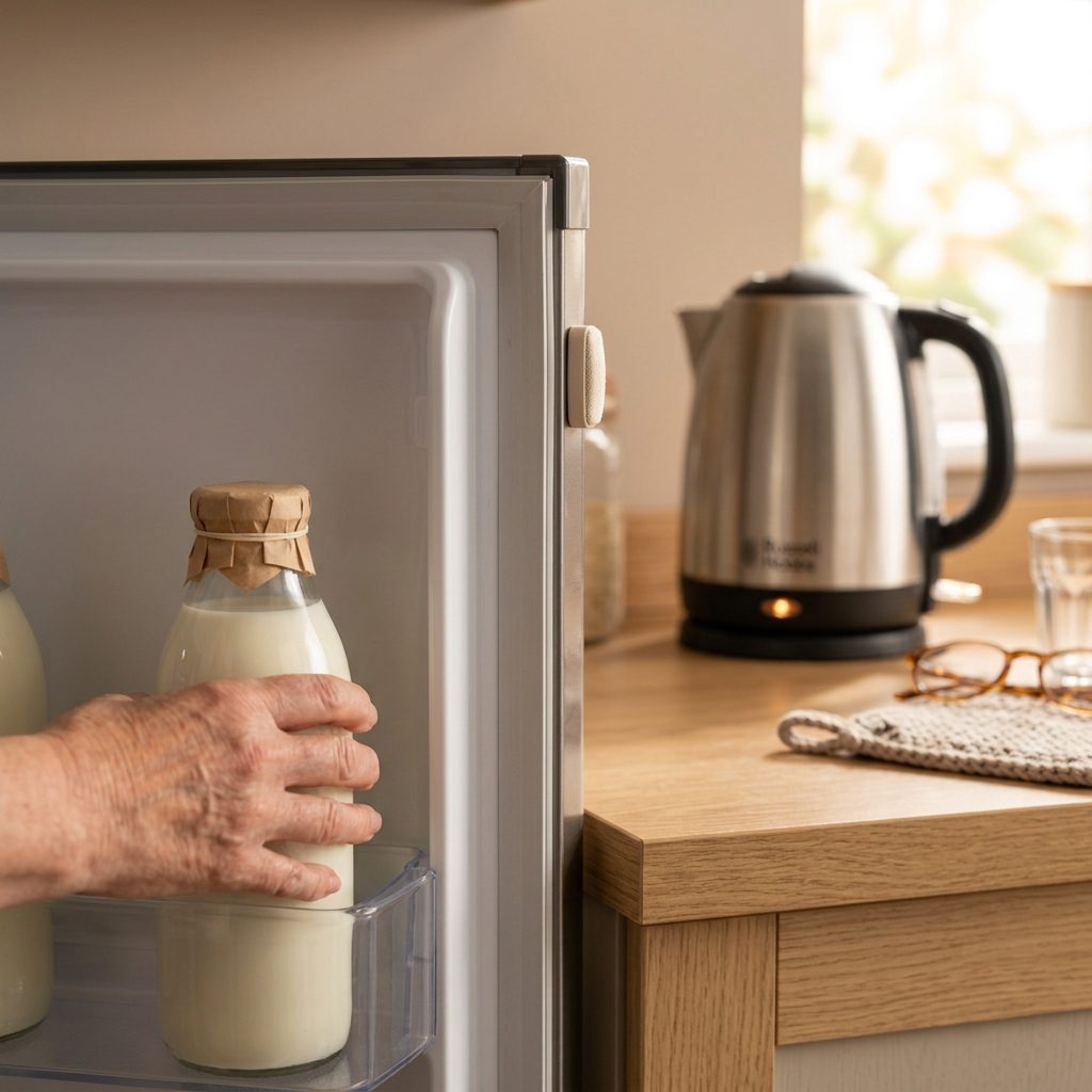 An older woman’s hand takes a milk bottle from the fridge door; a small sand-coloured sensor sits on the edge of the fridge, a kettle and reading glasses on the counter behind.